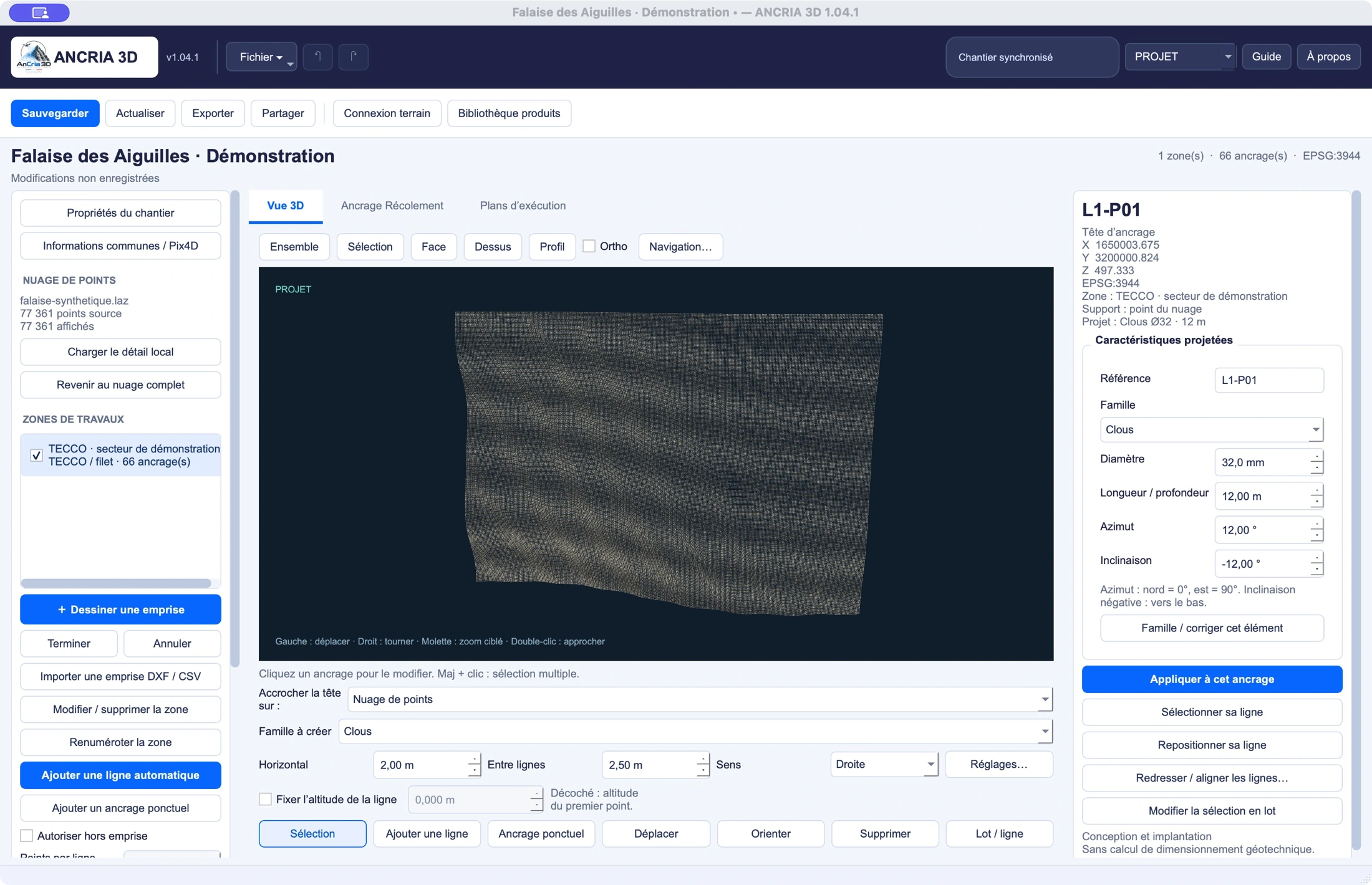 Vue du nuage de points dans ANCRIA 3D 1.04.1 · Falaise de démonstration synthétique.