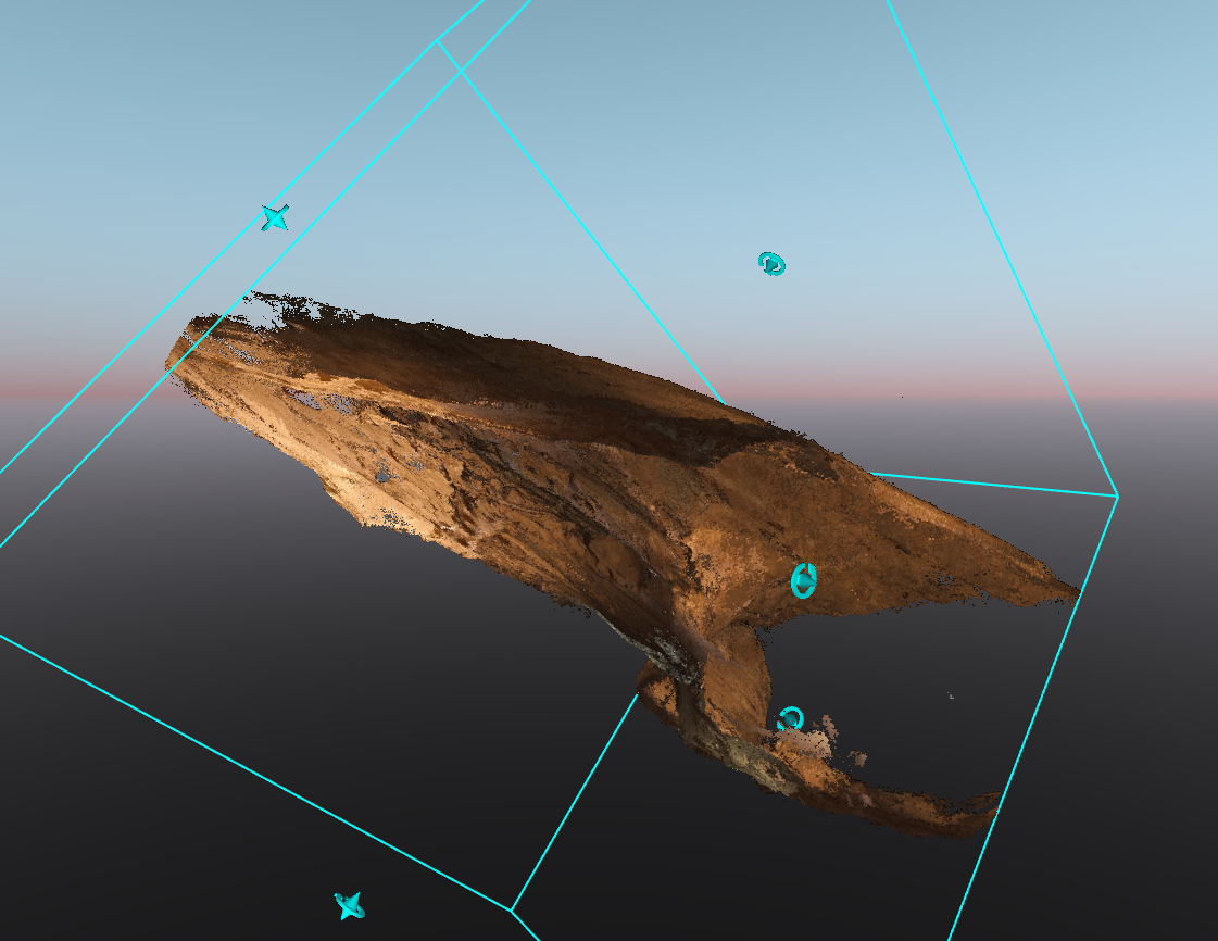Vue oblique d’une représentation 3D brune des parois de la cavité, entourée d’un cadre et de repères turquoise sur un fond dégradé.