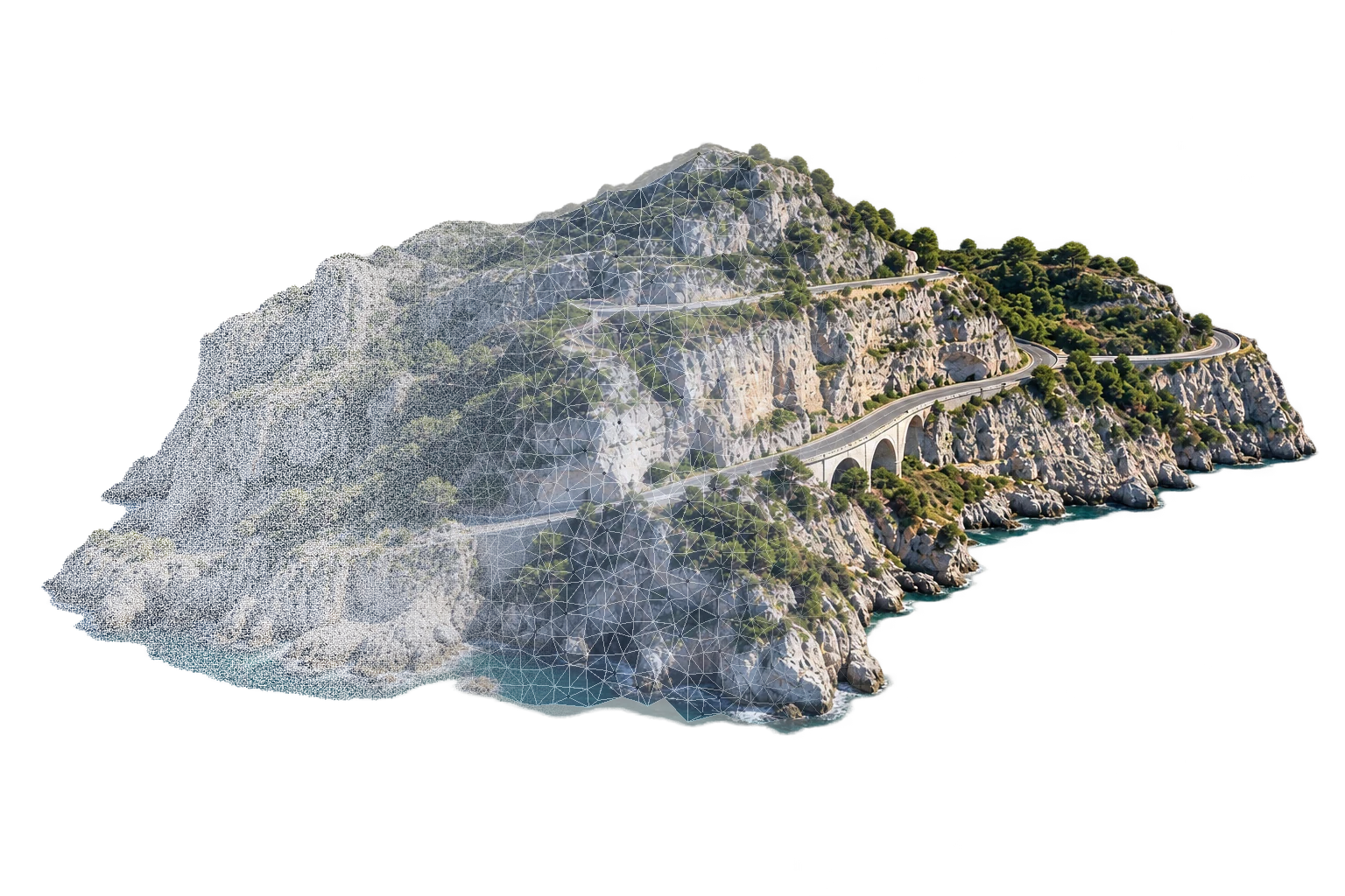 Montagne rocheuse et route, entre terrain texturé et maillage, pour préparer les livrables